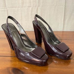 Maroon platform heels.